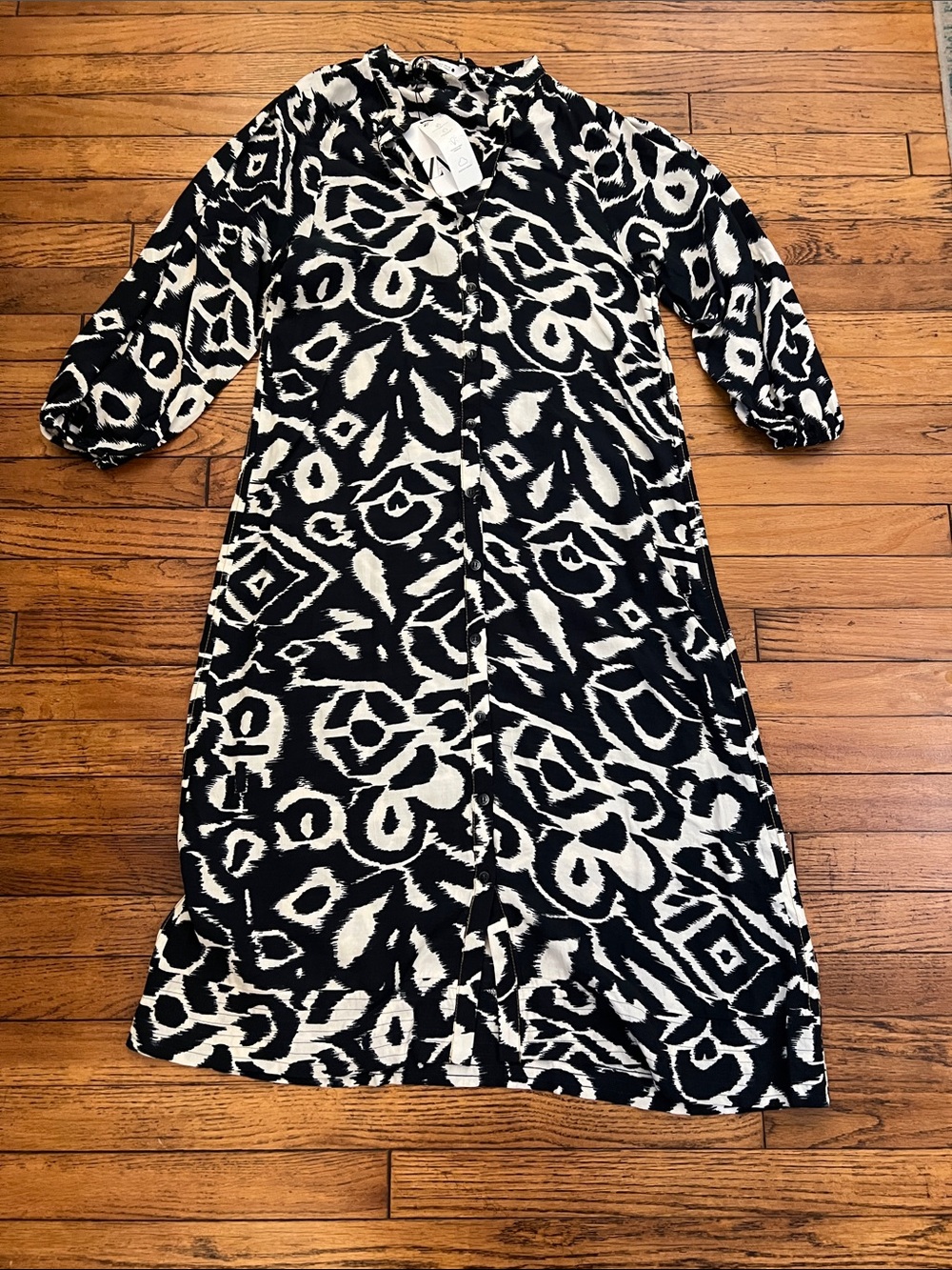 Zara Black & White Midi Dress with Abstract Ikat Print